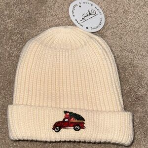 Cream Knit Kids Hat with Red Truck Design
